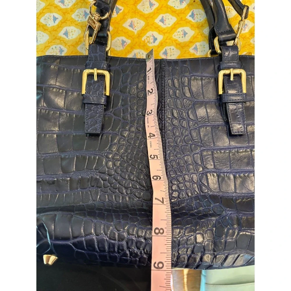 Prüne‎ Navy Blue Croc Embossed Leather Satchel Handbag Gold Hardware 9073